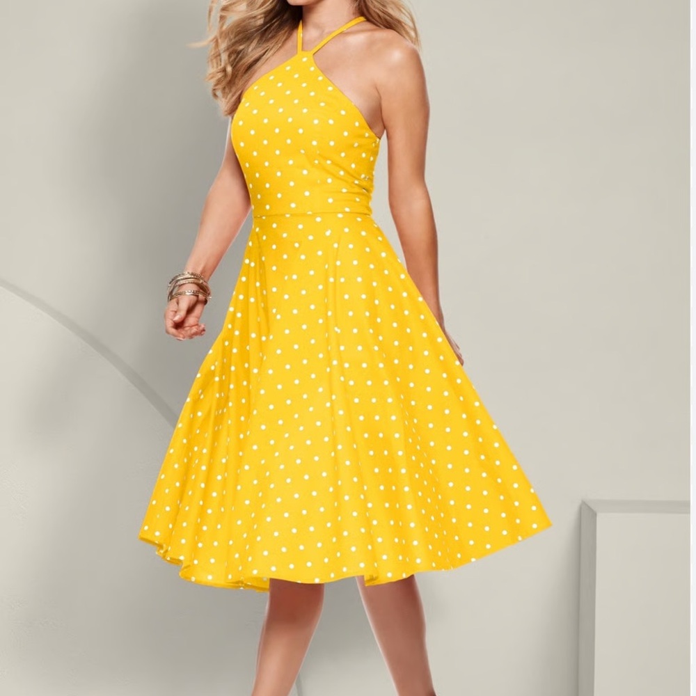 Venus Yellow Polka Dot Pinup Girl Halter Fit & Flare Dress